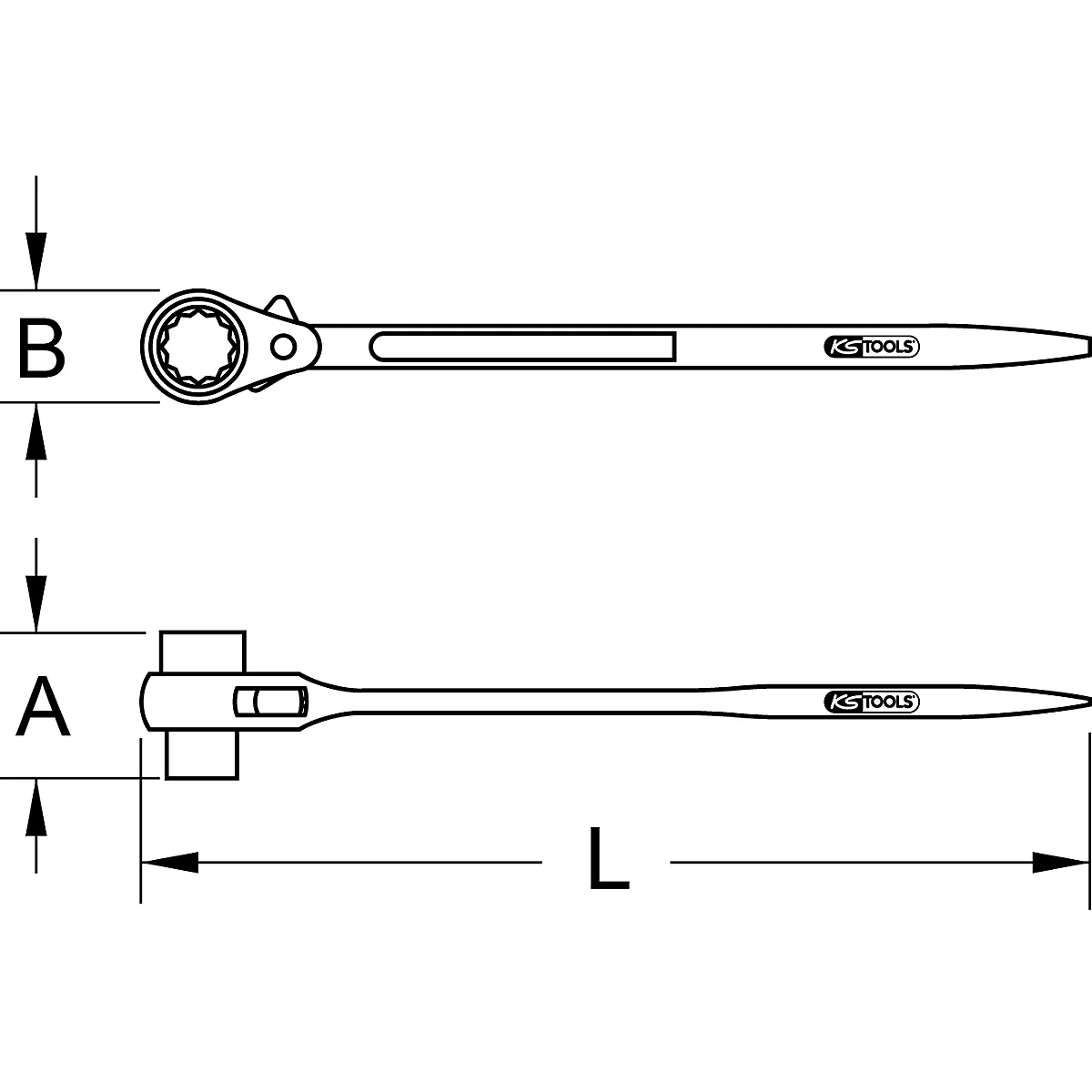 Technische Zeichnung eines Schraubenschlüssels. Oben mit Bemaßung, unten mit A und L. Links Kugelgelenk. Aufschrift: KS TOOLS.